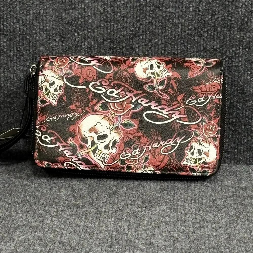 Ed Hardy Wallet Wristlet Womens One Size Black Skull Rose Tattoo Zip Around
